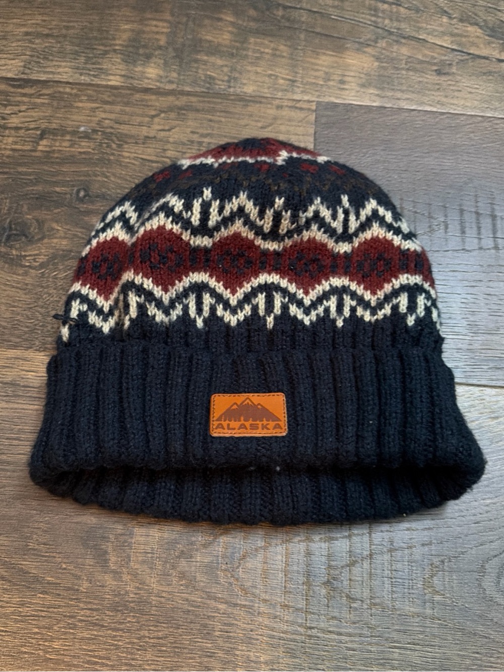 Men's Navy Knit Beanie with Red and Cream Fair Isle Accent